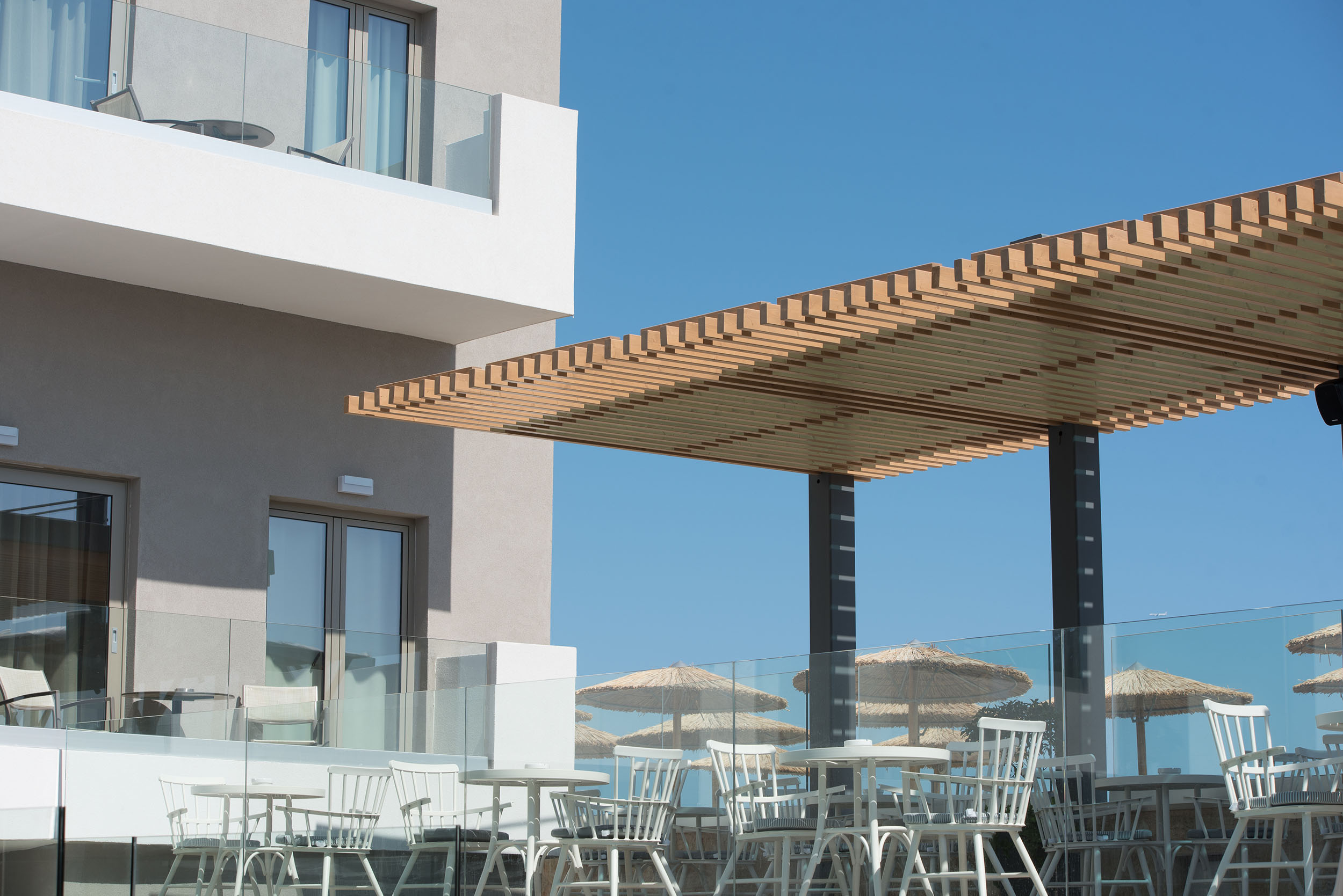 Balcony overlooking the restaurant and the morning sky at the Cactus Bay Hotel