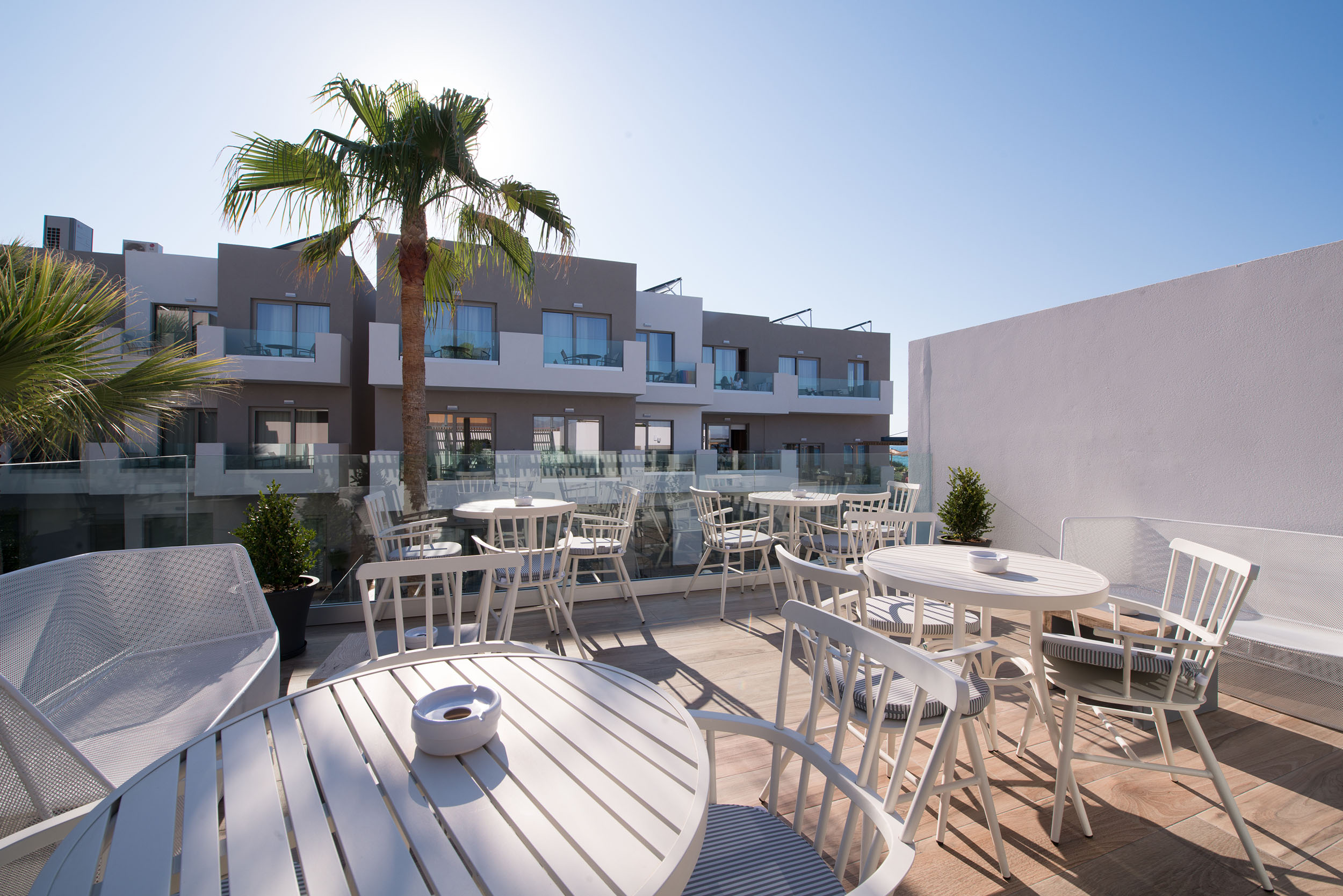 Exterior view of cafe with view of Cactus Bay hotel palm trees and sky